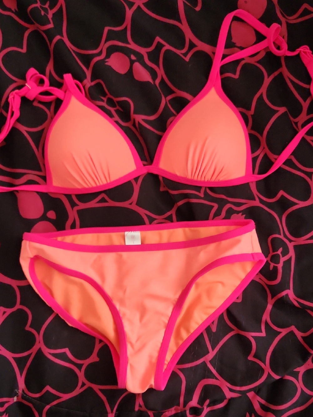 No Boundaries Neon Orange Girl Bikini With Pink Trim
